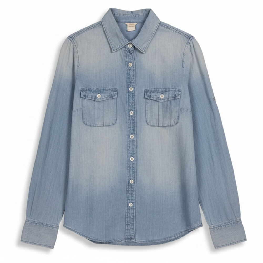 J.Crew Chambray Distressed Light Blue Denim Women's 0 Button Down Shirt Blouse
